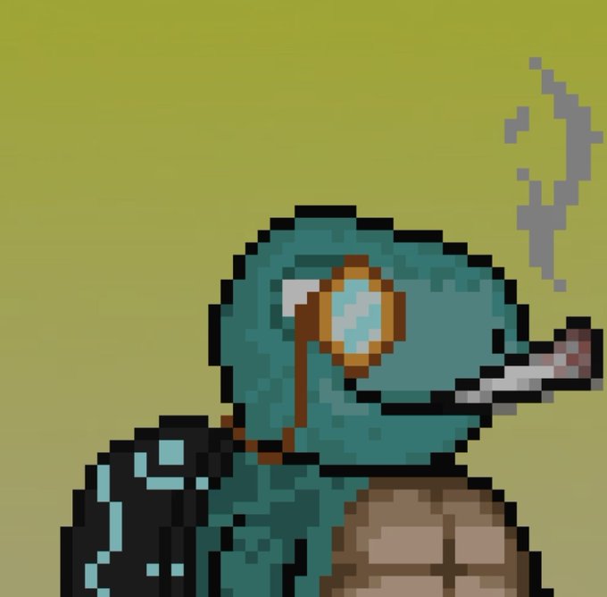 A pixel art image of a green turtle-like creature wearing a monocle and holding a smoking cigarette/cigar, set against a yellow gradient background.