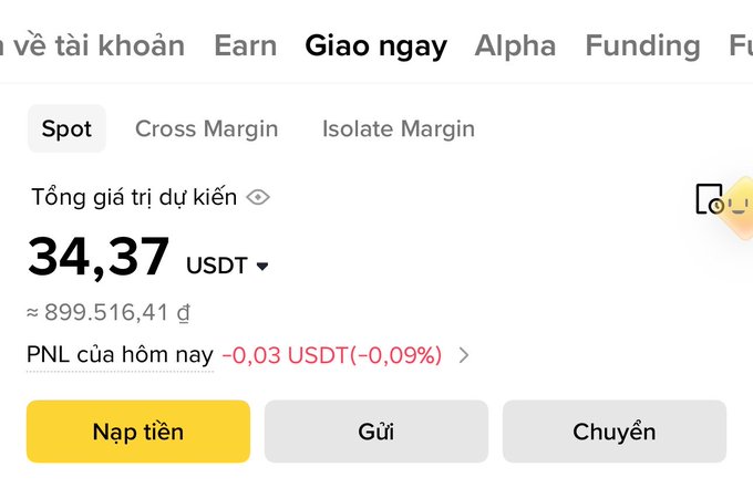 Screenshot of a Vietnamese cryptocurrency trading interface showing a total estimated value of '34,37 USDT' (~899.516,41 ₫) with today's PNL at -0,03 USDT (-0,09%), featuring 'Nạp tiền', 'Gửi', and 'Chuyển' buttons.