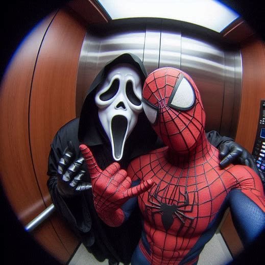 A fisheye-lens photo of two people in costumes — one dressed as Ghostface from Scream making a rock gesture, and another in a Spider-Man suit.