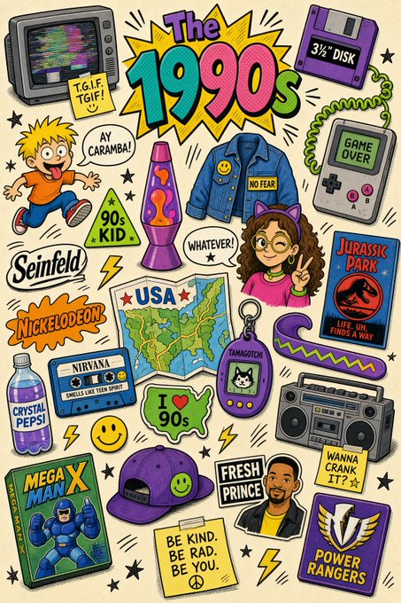 A vibrant retro collage celebrating "The 1990s" with iconic cultural references including Seinfeld, Nickelodeon, MTV, Jurassic Park, Nirvana, Fresh Prince, Mega Man, Power Rangers, Crystal Pepsi, lava lamps, and a 3½" floppy disk, alongside phrases like "TGIF," "AY CARAMBA!," "NO FEAR," "BE KIND. BE RAD. BE YOU." and "WANNA CRANK IT?" 

The image visually reinforces the post's nostalgic call to bring back beloved '90s tech and culture (AOL Instant Messenger, Netscape, Yahoo, stretch limos, and free speech, ticker $X), capturing the era's pop culture essence.