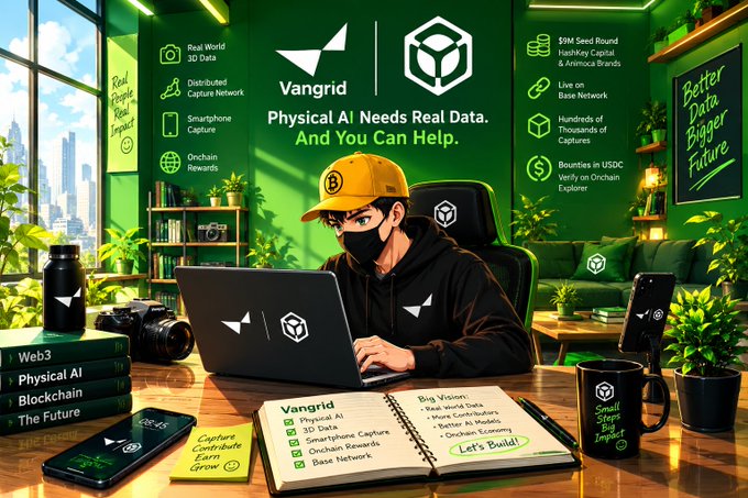 An illustrated promotional image for 'Vangrid' featuring a person in a cap and mask using a laptop, with text 'Physical AI Needs Real Data. And You Can Help.' and various brand logos and notes.