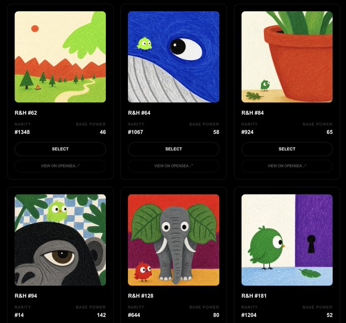A grid of six illustrated R&H NFT cards (#62, #64, #84, #94, #128, #181), each displaying a rarity ranking (#14–#1348) and base power stat (46–142), visually demonstrating the relationship between rarity and base power referenced in the post. The cards show that lower rarity numbers (e.g., #14 with 142 power) carry higher base power than higher rarity numbers (e.g., #1348 with 46 power), illustrating the "fixed rarity snapshot" system described.