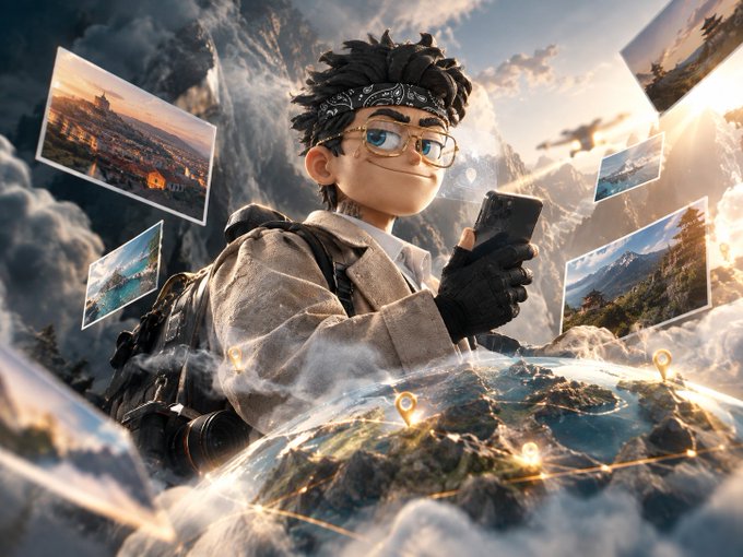 A 3D animated character with curly dark hair, glasses, and a bandana wears a gray jacket and looks at a smartphone, surrounded by floating photos of landscapes and a globe covered in location pins.