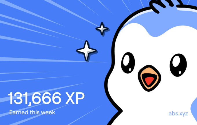 An Abstract XP earnings graphic showing 131,666 XP earned this week, featuring a cute white cartoon bird character on a blue background with star sparkles and the abs.xyz branding.