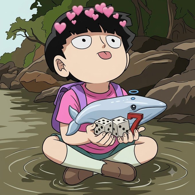 A cartoon child sits in shallow water surrounded by rocks and trees, lovingly cradling a dolphin while holding two dice showing a "6" and a "7," with a ring of pink hearts floating above their head — visually tying into the @sixsevenapp post's tip that "holding 6 and 7" increases fishing chances and unlocks the Golden Fish rewards.