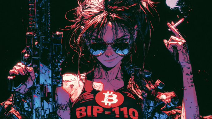 A stylized illustration of a woman in sunglasses holding a gun and a cigarette, wearing a shirt with a Bitcoin logo and the text "BIP-110".