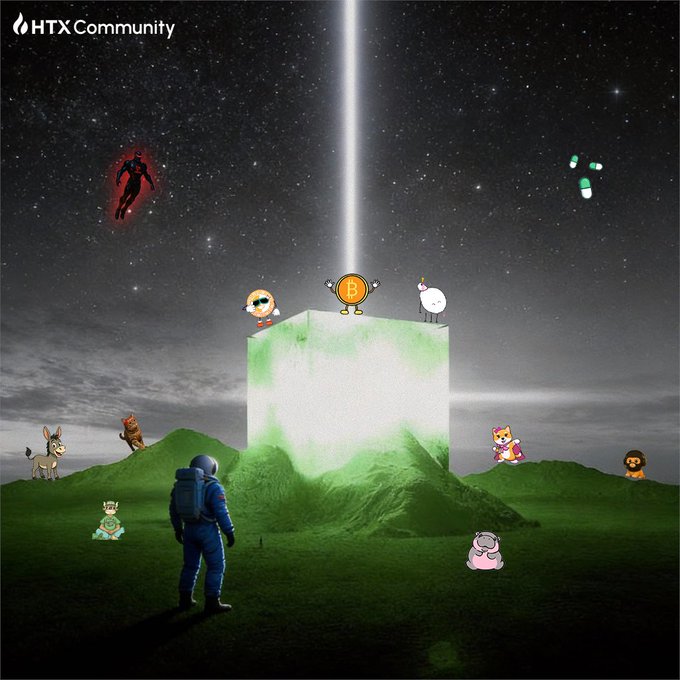 Surreal digital artwork branded 'HTX Community' featuring an astronaut looking at a glowing green cube topped with Bitcoin and crypto mascots, surrounded by floating cartoon animals in a starry landscape.