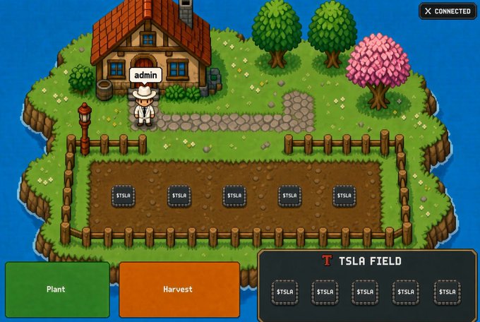 A pixel-art farming game scene shows an "admin" character standing outside a house with a "TSLA FIELD" panel displaying five $TSLA plots, along with "Plant" and "Harvest" buttons. The image visually represents the post's theme of cultivating/rewarding $TSLA whitelist spots through the Brokerfarm Discord, with the farm plot imagery mirroring the post's gaming-style giveaways for guaranteed WLs and a $15,000 prize pool.

Key text visible: "admin," "$TSLA," "TSLA FIELD," "Plant," "Harvest," "X CONNECTED."