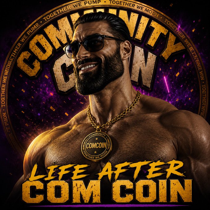 COMCOIN promotional poster titled 'LIFE AFTER COMCOIN' featuring a muscular bearded man in sunglasses with a gold 'COMMUNITY' medallion and 'TOGETHER WE PUMP • TOGETHER WE MOON' text.