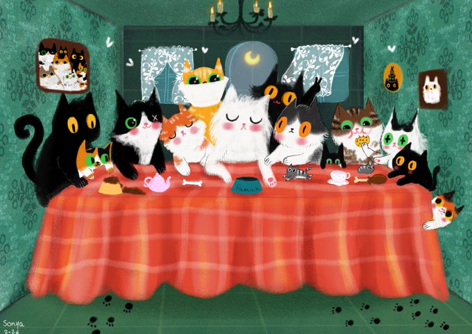 A whimsical illustration by Sonita of a group of cats gathered around a table with a red plaid tablecloth, enjoying a tea party with various treats in a green room decorated with cat-themed artwork.