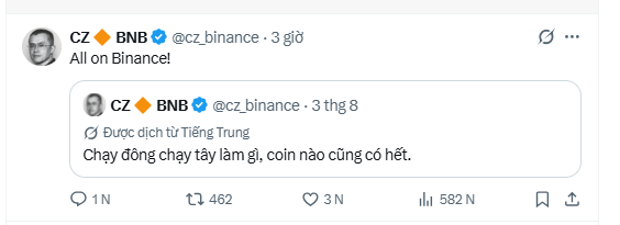 A screenshot of a tweet from CZ (@cz_binance) saying 'All on Binance!' in English and quoting a previous Vietnamese tweet 'Chạy đồng chạy tây làm gì, coin nào cũng có hết,' garnering 3K likes.