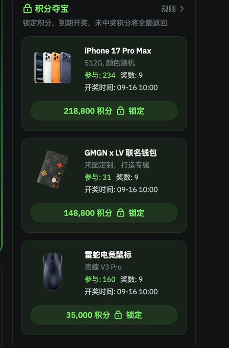The image displays a "积分夺宝" (Points Treasure Hunt) page offering prizes including an iPhone 17 Pro Max for 218,800 points, a GMGN x LV wallet for 148,800 points, and a Razer V3 Pro gaming mouse for 35,000 points, all locked with points until a drawing on 09-16 at 10:00. The post discusses GMGN's rebate program, criticizing its restrictive terms including requiring only GMGN trading volume to qualify for cashback tiers (10% default, 30% at 1M, 40% at 2M monthly volume), which relates to the GMGN-branded wallet featured as a prize on this platform.