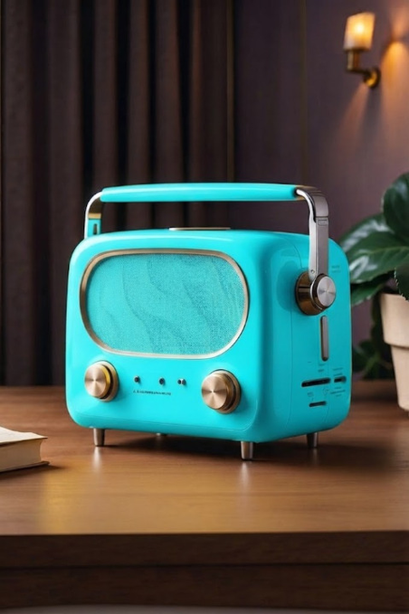 A retro-style teal and silver radio or small television with gold knobs sits on a wooden surface next to a potted plant.