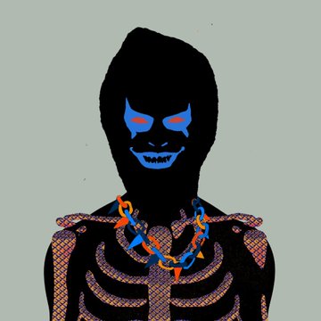 A dark, stylized illustration of a hooded figure with glowing blue eyes and a menacing grin, wearing a skeleton-themed outfit and colorful chain necklace.