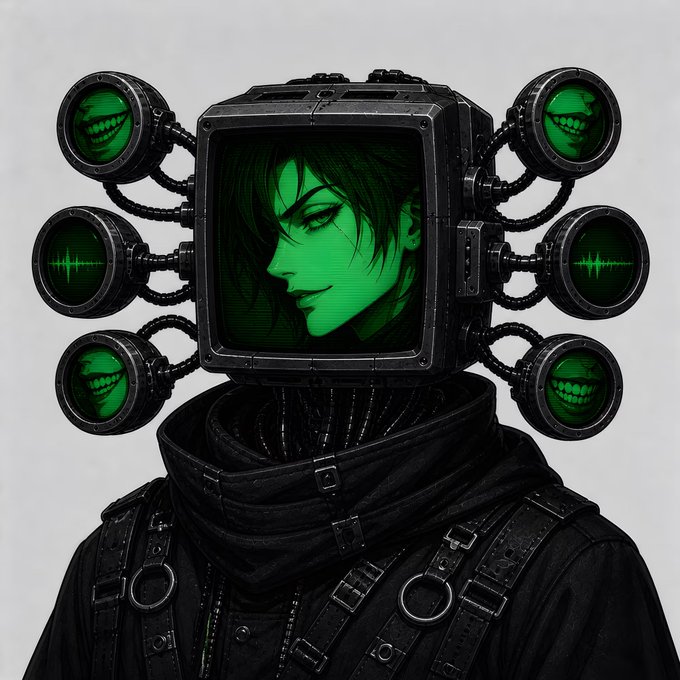 A dark, cyberpunk-style illustration of a figure with a CRT monitor for a head showing a green-tinted woman's face, flanked by mechanical nodes displaying grinning teeth and audio waveforms.