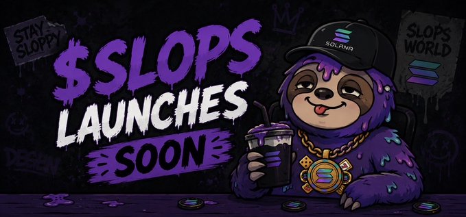 A promotional graphic announcing "$SLOPS LAUNCHES SOONE" (sic) featuring a purple sloth mascot wearing a black cap with the Solana logo, a chain with the $SLOPS emblem, and holding a cup, with "STAY SLOPSY" and "SLOPS WORLD" signs in the background.