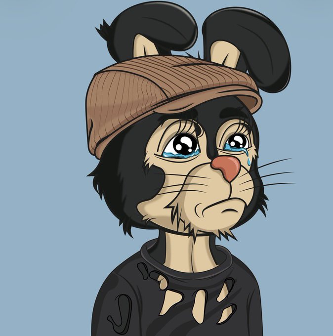 A sad cartoon rabbit character wearing a beanie and torn black shirt sheds a single tear, with no visible text in the image—its melancholic expression likely reflecting the emotional stakes of the weekly subscriber giveaway offering prizes like "BTFD Rabbit #1203" and "MOSC #3314."