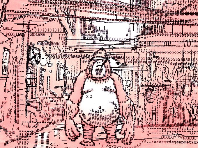 A stylized, pink-toned ASCII or text art image featuring a central figure surrounded by chaotic lines and characters, with text snippets like 'ONLY POSSIBLE', 'SOLANA', 'PP', 'H', 'NVS', 'GEL', and 'xdegenpoetxxx' visible.