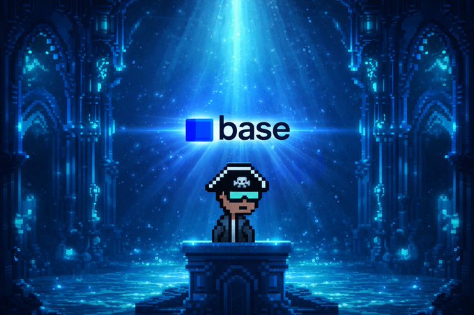 A pixel-art style character with a skull-patterned hat and sunglasses stands at a podium in a glowing blue cathedral-like setting, with the "base" logo displayed prominently above.