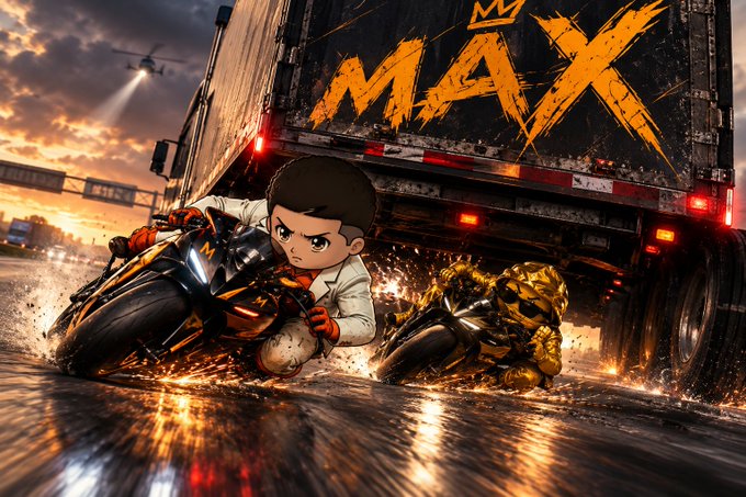 A dramatic digital illustration shows an animated boy riding a motorcycle alongside a yellow Bumblebee Transformer beneath a truck with "MAX" painted on its side, with sparks flying from the road.
