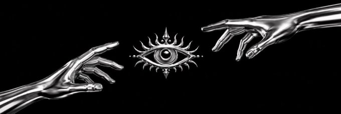Two silver metallic hands reach toward each other on a black background, framing a stylized eye symbol with sun-like rays in the center.