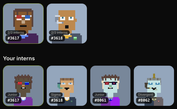 A webpage displays pixel art character portraits labeled as 'interns' including '#3617' (Junior), '#3618' (Sigma), '#8061' (Junior), and '#8062' (Divergent), with '2/2 interns' status indicators on the top row.