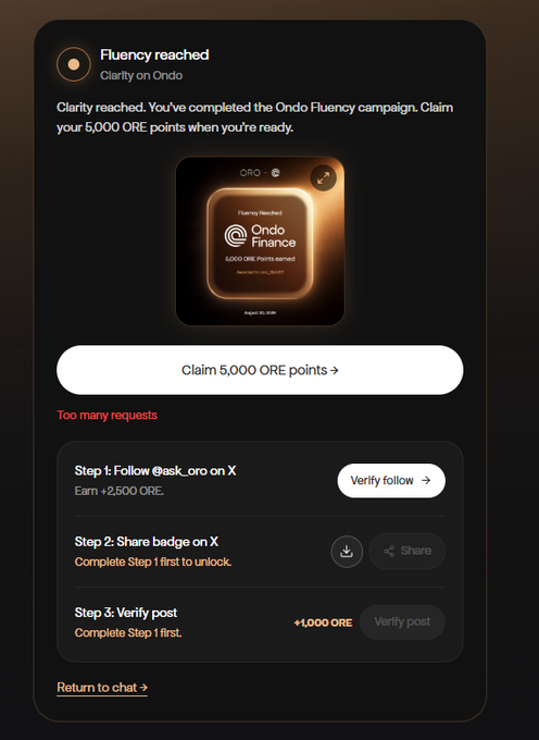 The image shows the "Fluency reached" completion screen for the Ondo Fluency campaign on askoro.ai, displaying a badge of "Ondo Finance" with 5,000 ORE points earned and a prominent "Claim 5,000 ORE points" button. Below the main button, a "Too many requests" error message appears in red, illustrating the post's complaint that users are unable to claim their earned points due to high traffic despite completing the tasks.