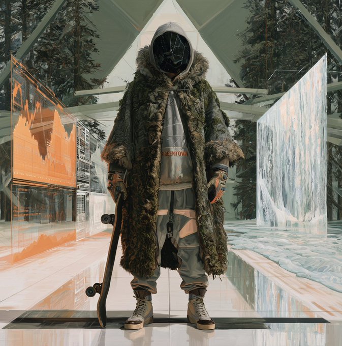 An AI-generated futuristic image of a figure in a long fur coat and geometric mask holding a skateboard, standing in a sleek architectural setting with orange holographic displays.