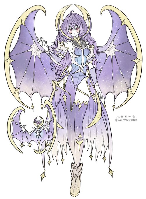 An anime-style character with large bat-like wings, a crescent moon headpiece, and a starry purple outfit holds a matching staff. The handwritten text in the bottom right reads "ルナアーラ" (Lunala) along with the artist credit "@yakigashiwarawani," identifying this as a humanized fan design of the Pokémon Lunala.