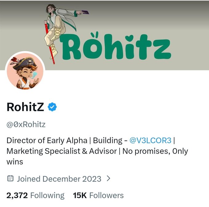 The image features a post about Rohit Z, an early Alpha building director of Marketing Specialist & Advisor @V3Cor. The post includes a photo of Rohit Z with his name displayed below him. It also contains text that mentions joining a post on December 1st, 2013 and the number of followers who have joined the post is 15k.