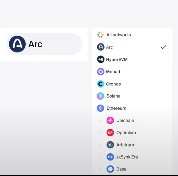 A network selector on 1inch shows "Arc" as the currently selected network, with a dropdown menu listing other supported chains including HyperEVM, Monad, Cronos, Solana, Ethereum, Unichain, Optimism, Arbitrum, zkSync Era, and Base. The image illustrates the simple interface mentioned in the post, where users can easily select Arc and initiate swaps through 1inch's routing system.