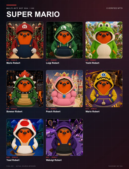 A promotional graphic for "MULTI-NFT SET 004 / 102 SUPER MARIO," displaying a collection of 8 verified NFTs featuring an orange bird character dressed as various Super Mario characters, including Mario, Luigi, Yoshi, and Bowser.