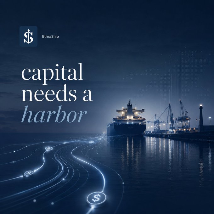 Marketing image for EthraShip featuring the tagline 'capital needs a harbor', depicting a large cargo ship at a port with glowing digital trails showing dollar sign icons flowing toward it, set against a dark blue night sky with a world map overlay.