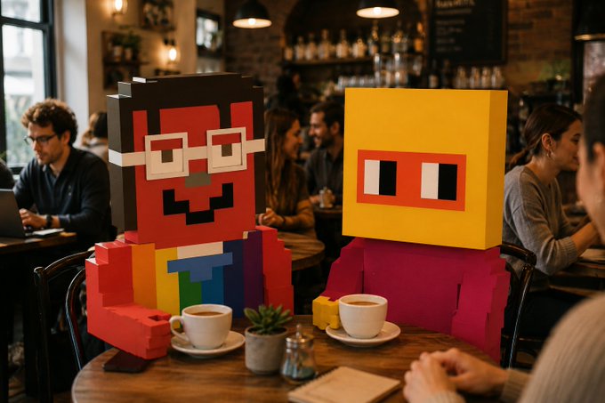 Two large LEGO-style pixel art figures with oversized block heads sit at a café table with coffee cups, while patrons work and socialize in the background.