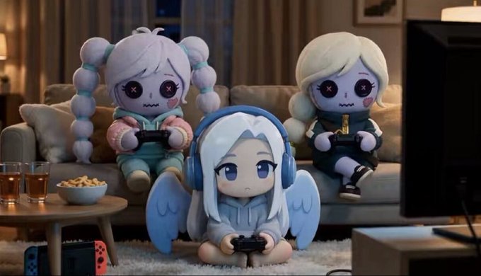 Three stylized plush dolls with stitched button eyes sit on a couch and rug, holding video game controllers in a cozy living room setting.