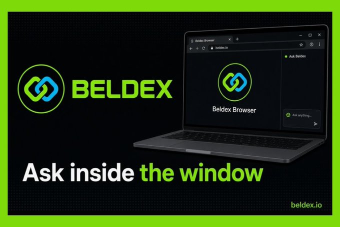 An advertisement for the Beldex Browser featuring a green chain-link logo, with text 'Ask inside the window' and the website beldex.io displayed.