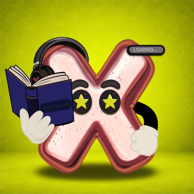 A cartoon illustration of a stylized 'X' character with star eyes, wearing headphones and holding a book labeled 'ALGORITHM', with a 'LOADING...' button in the corner against a yellow-green background.