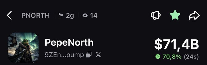 This image shows the cryptocurrency token $PNORTH, also known as PepeNorth, with a market cap of $71.4B and a 70.8% increase in 24 seconds, suggesting a pump that aligns with the accompanying post's claims of significant gains from previous investments.
