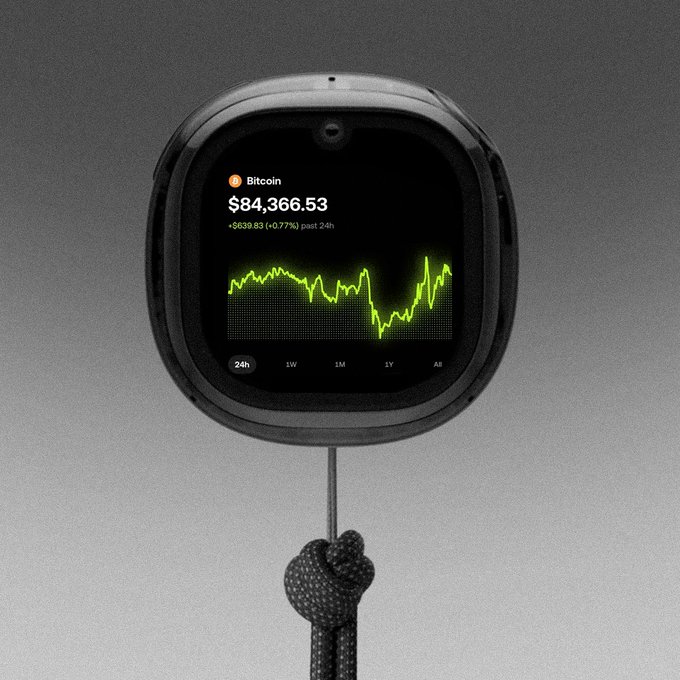 A smartwatch displays a Bitcoin (₿) price chart at $84,366.53, down $639.83 (-0.77%) over the past 24 hours, with a green line graph trending upward across the 24h timeframe—matching the post's cheerful sentiment of "Nice and green."