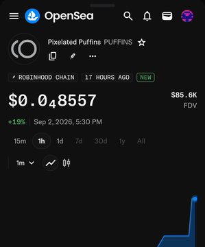 A screenshot of the OpenSea app shows a listing for 'Pixelated Puffins PUFFINS' on the ROBINHOOD CHAIN, priced at $0.048557 with an FDV of $85.6K and a +19% increase.