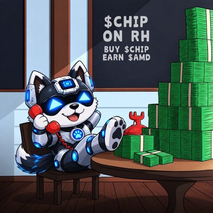 An illustration of a robotic white cat wearing blue-glowing sunglasses, holding a red phone receiver, sitting beside stacks of cash under text reading '$CHIP ON RH - BUY $CHIP EARN $AMD'.