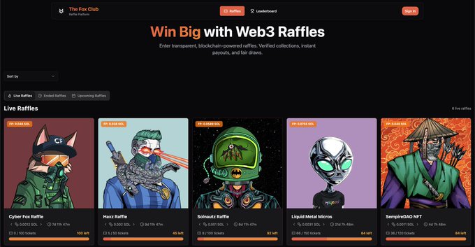 A screenshot of 'The Fox Club' website advertising 'Win Big with Web3 Raffles', featuring live raffles like 'Cyber Fox Raffle', 'Haxx Raffle', 'Gshauts Raffle', 'Liquid Metal Mircos', and 'SempleDAO NFT'.