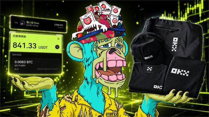 Promotional image featuring a cartoon monkey character holding an OKX-branded prize bundle (backpack, hat, t-shirt), alongside a screen showing '841.33 USDT' earned reward and '0.0083 BTC' mining reward.