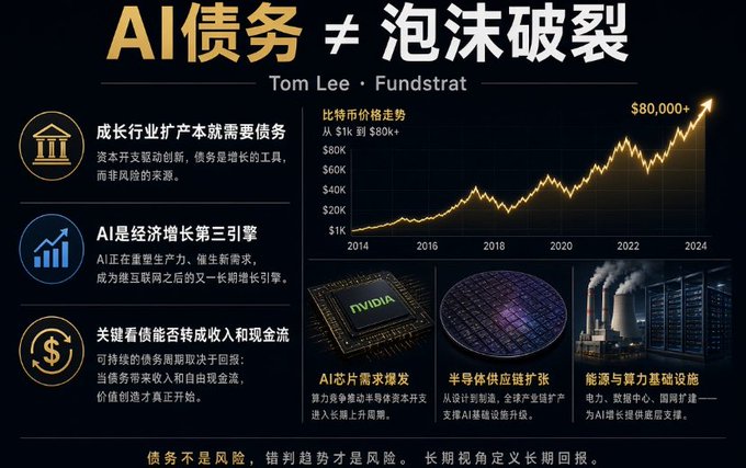 An infographic in Chinese titled 'AI债务 ≠ 泡沫破裂' (AI Debt ≠ Bubble Burst) by Tom Lee, Fundstrat, showing a Bitcoin price chart from $1K to $80K+ from 2014-2024 alongside information about AI, Nvidia, semiconductors, and energy infrastructure.