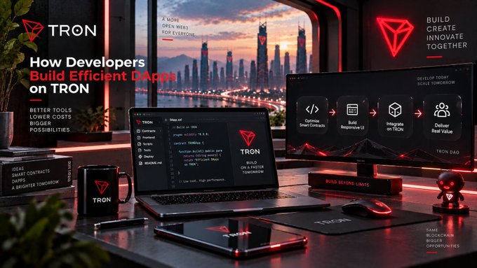 A futuristic red-and-black TRON-themed workspace advertisement reading “How Developers Build Efficient dApps on TRON” and “Better Tools, Lower Costs, Bigger Possibilities.”