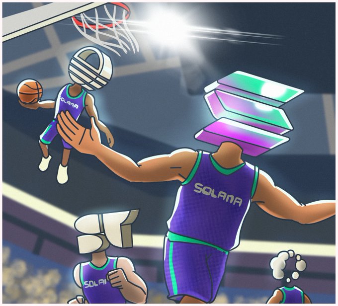The image features a cartoon scene of basketball players, with one player wearing a purple jersey and holding a basketball while another player dressed in white holds a basketball net. The background shows a basketball court with a scoreboard visible above the players' heads. The caption at the bottom of the image reads "Solana tiene la casa llena. Esta semana Moody'S, AWS, Kraken y más se sentaron en la mesa. Diferentes industrias. Una red."