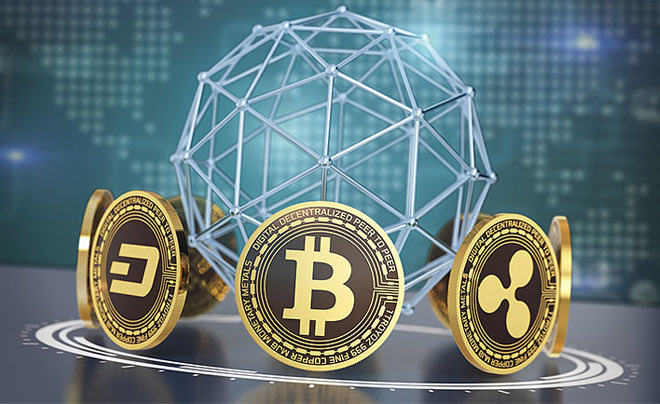 Digital illustration of gold Bitcoin, Dash, and Ripple cryptocurrency coins in front of a wireframe geodesic dome on a teal background.