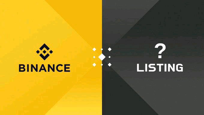 A promotional graphic featuring the Binance logo on a yellow background alongside a question mark and the word 'LISTING', suggesting an upcoming cryptocurrency listing announcement on the exchange.