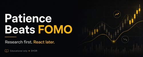 The image is a graphic with a dark background featuring financial candlestick charts and trend lines on the right side, with the text "Patience Beats FOMO" in large white and yellow letters, and the tagline "Research first. React later." below, along with an "Educational only • DYOR" disclaimer at the bottom. The image reinforces the post's message about resisting the urge to chase fast-moving crypto markets by promoting measured research over impulsive trading decisions.