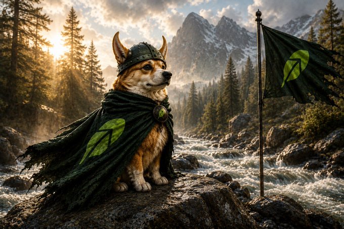 AI-generated image of a corgi wearing a Viking helmet and a green cape with a 'Z' logo, sitting on a rock next to a flag bearing the same logo, set against a mountainous landscape.